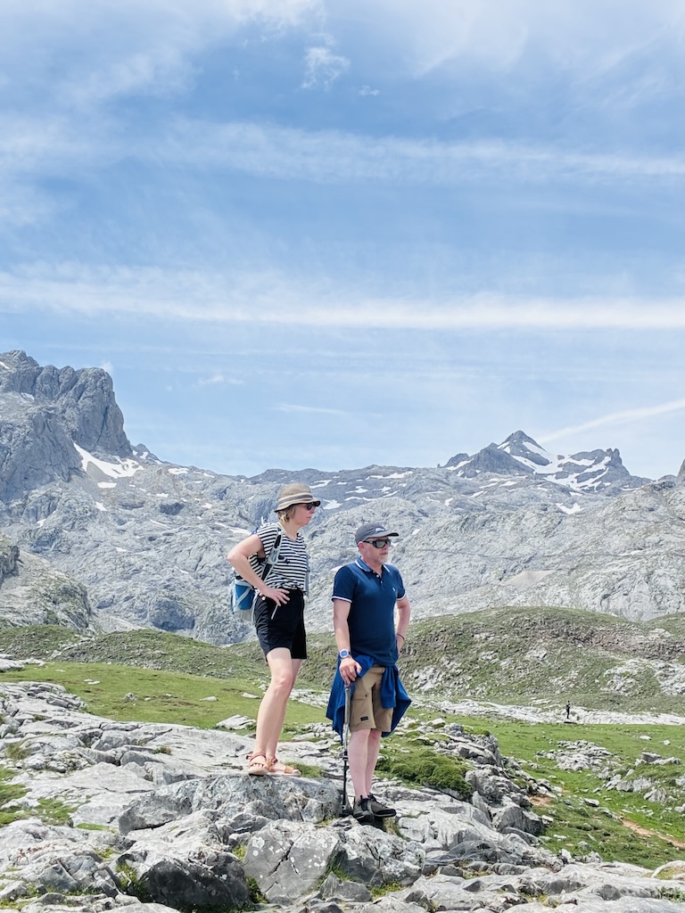 Stunning view of picos mountain in background, hikers admiring views